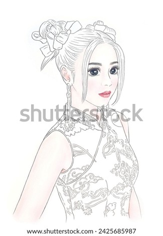 Cartoon drawing of a woman red cheongsam dress Chinese New Year festival of Chinese people Draw a picture in the Japanese manga style. It is a drawing of a beautiful woman with big, round eyes.