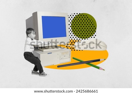 Creative collage picture illustration black white effect strong little school boy carry wire mouses retro computer exclusive template