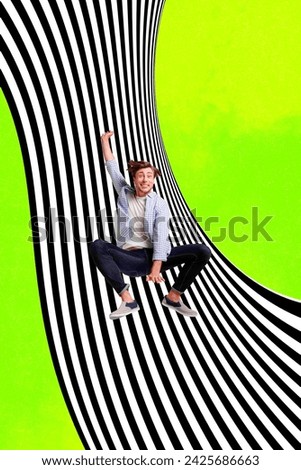 Vertical surreal collage picture photo of jumping high crazy guy raising hand having fun on black white striped neon green background
