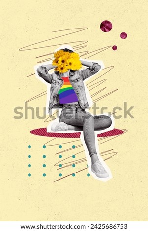 Vertical creative banner photo collage with young carefree headless woman hold bunch of flowers instead of head wear rainbow lgbt shirt