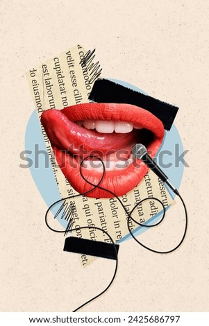 Psychedelic photo artwork collage of human mouth licks teeth singing songs into karaoke microphone isolated on beige color background