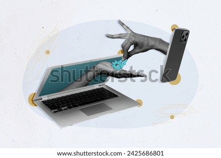 Collage picture of laptop technical support for apple iphone device holding gear wheel mechanism isolated on gray color background