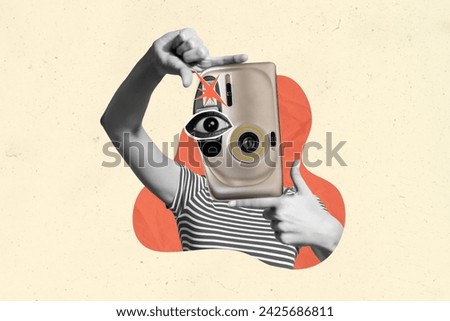 Creative collage young headless person take photo camera shooting capturing paparazzi hobby work filming flash human eye face cutout Royalty-Free Stock Photo #2425686811