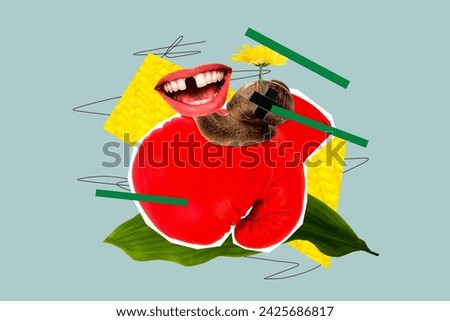 Collage picture poster of human mouth with knocked out tooth after box fight knockout isolated on creative background