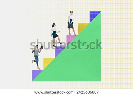 Horizontal photo collage picture of diligent motivated people run go work hard look forward climb stairs upwards on checkered background