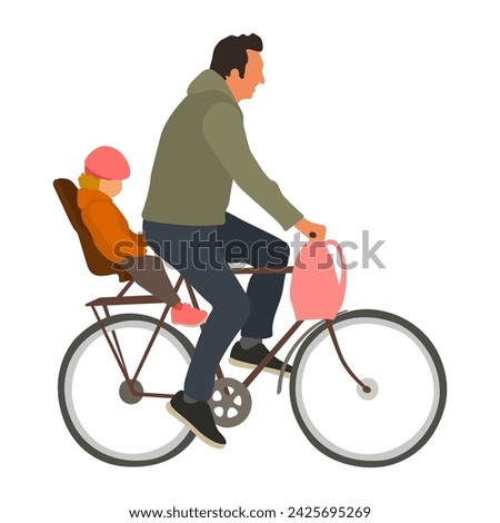 Man rides a bicycle with child on baby seat flat style vector illustration