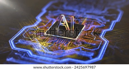 A macro image of a lit up orange, yellow and blue tracks on a printed circuit board connecting to a central processing component with a multi colour outlined lit up 'AI'