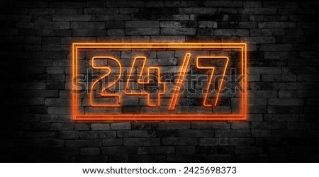 Neon signboard 24 7 open hours time. Vector illustration. Glowing neon sign for bar, shop, club.