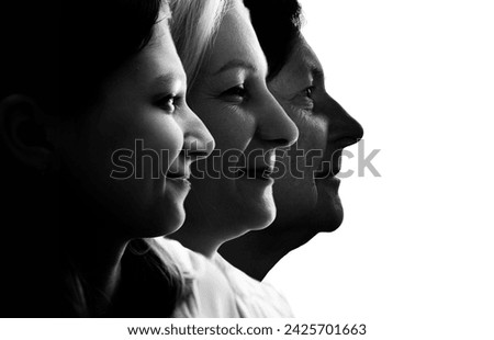 Black and white portraits of family portrait of three generations of women, heredity concept. Royalty-Free Stock Photo #2425701663