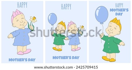 Set Mother's Day greeting Card cover. Clipart Toddler. Baby Girl with narcissus and air balloon. Vector illustration can used web and social media holiday poster flyer banner. Editable stroke EPS 10