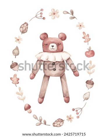 Baby toy bear in frame hand drawn by watercolor. Cute printable clipart in retro style. Isolated on white. For kid card, invitation, scrapbooking