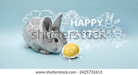 Creative banner related to Easter holiday with bunny and colored eggs against blue background. Seasonal website cover. Template for banner, poster, postcards and greeting cards, ad