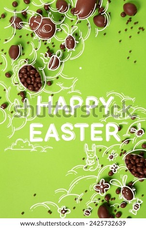 Easter themed image with Happy Easter text, chocolate eggs, and drawings against green background. Vertical image for mobile phone. Easter holiday. Banner, poster, postcards and greeting cards, ad