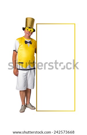 Brazilian man with costume and holding a placard on white background