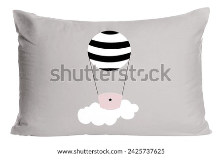 Soft pillow with printed cute hot air balloon isolated on white Royalty-Free Stock Photo #2425737625