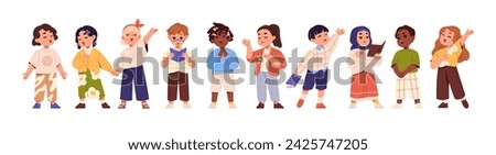 Kids singers in choir set. Cute children sing song together. Diverse vocal talented students group. Child church chorus with music performance. Flat isolated vector illustration on white background