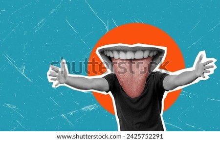 Art collage, go into hug, man trying to hug, on blue background with space for text. Concept of love and romance. Royalty-Free Stock Photo #2425752291