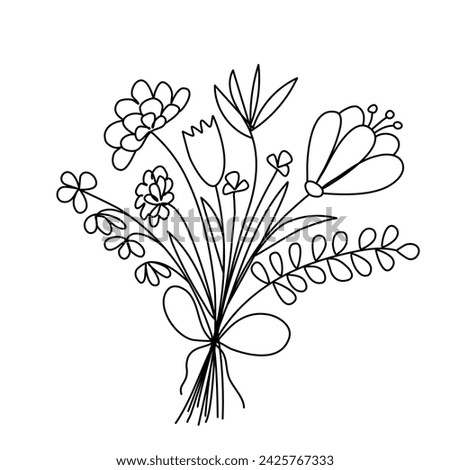 Hand drawn International Women's Day spring flower bouquet. Beautiful wildflowers minimalist art. Botanical sketch.  Vector template for card, poster, flyer, invitation.