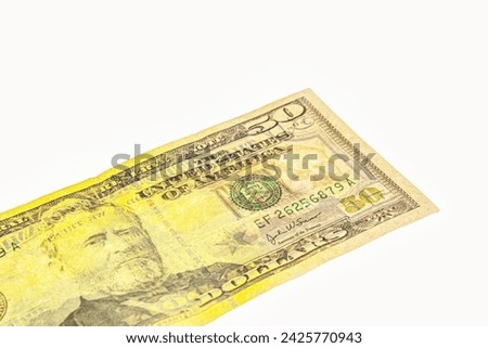 fragment of 50 dollar banknote with visible details of banknote reverse for design purpose. 50 dollars watermark