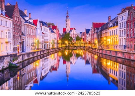 Bruges, Belgium - Flanders. Beatiful Spiegelrei Canal, famous in Brugge city. Royalty-Free Stock Photo #2425785623