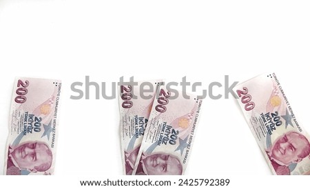 Turkish lira fan on a white background. Turkish money. Heap of 200 tl notes. Banner for website, desktop wallpaper, copy space for text and advertising, blank, empty, white, clear space