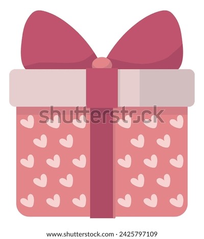 Illustration of a cute gift box with a pink heart pattern wrapped with a large ribbon