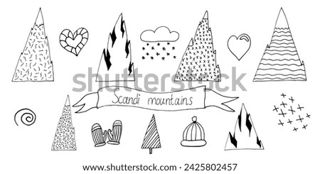 Hand draw mountains, hearts, tree, cloud, hat in doodle style. Black line illustration isolated on white background. Scandinavian style vector draw element for design. Minimalistic kids clip art.