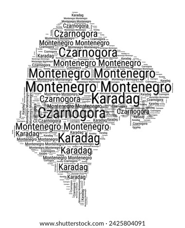 Black and white word cloud in Montenegro shape. Simple typography style country illustration. Plain Montenegro black text cloud on white background. Vector illustration.