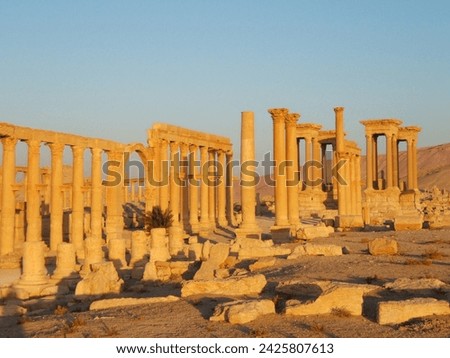 The Bel Temple in Palmyra, Syria, is an ancient architectural marvel. Majestic columns and intricate carvings adorn its facade, reflecting a blend of Roman and Semitic influences. The temple, dedicate Royalty-Free Stock Photo #2425807613