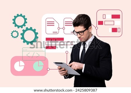 Creative collage picture banner standing young man holding tablet device watching infographics business progress setting presentation