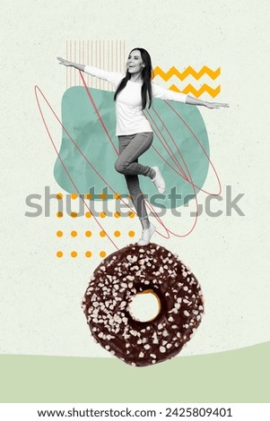 Vertical creative poster picture standing young woman posing huge donut sweet sugar cake bakery calories junk food unhealthy
