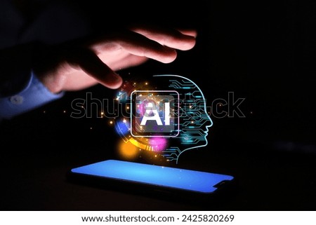 AI robot head floating above smartphone screen convey to modern technology support for artificial intelligence and machine learning in mobile phone
