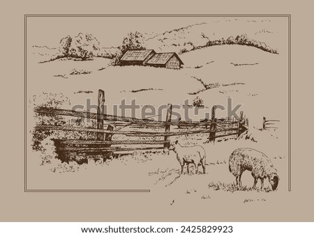 Green grass field on small hills. Meadow, alkali, lye, grassland, pommel, lea, pasturage, farm. Rural scenery landscape panorama of countryside pastures. Vector sketch illustration
 Royalty-Free Stock Photo #2425829923