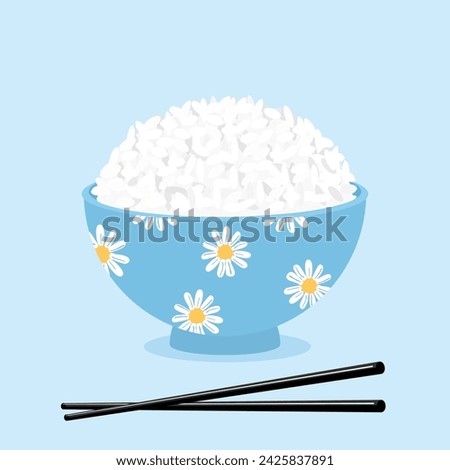 Rice in daisy ceramic bowl and chopsticks on blue background vector illustration.
