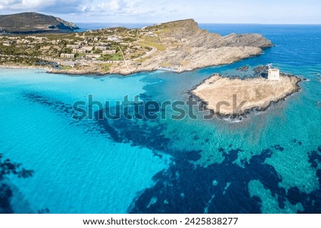 Aerial view of famous La Pelosa beach at sunny summer day. Stintino, Sardinia island, Italy. Royalty-Free Stock Photo #2425838277
