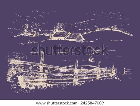 Green grass field on small hills. Meadow, alkali, lye, grassland, pommel, lea, pasturage, farm. Rural scenery landscape panorama of countryside pastures. Vector sketch illustration
 Royalty-Free Stock Photo #2425847009