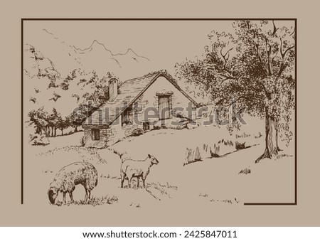 Green grass field on small hills. Meadow, alkali, lye, grassland, pommel, lea, pasturage, farm. Rural scenery landscape panorama of countryside pastures. Vector sketch illustration
 Royalty-Free Stock Photo #2425847011