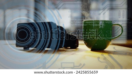 Image of scope scanning and data processing over vr headset and green mug. digital interface, global connection and communication concept digitally generated image.