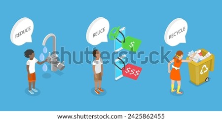 3D Isometric Flat Vector Illustration of Reduce, Reuse and Recycle, Go Green