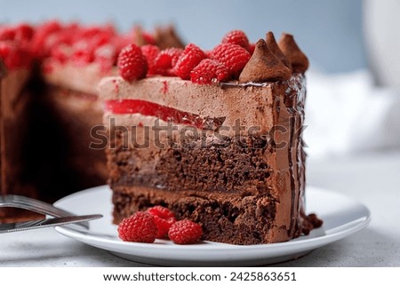Piece of chocolate truffle cake with fresh ripe raspberries on top. Side view.