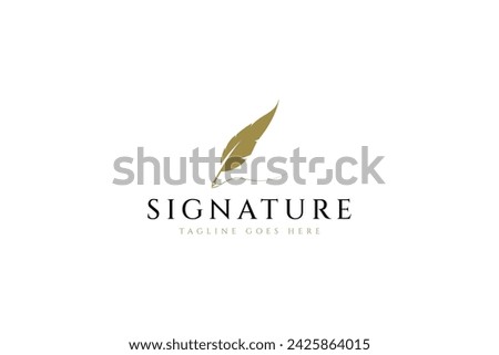 feather pen signature logo illustration vector design template with gold design color