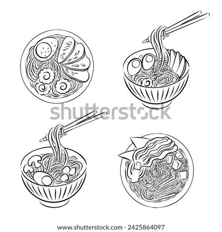 Set of stylized vector illustrations of traditional Japanese ramen soup with different ingredients. Sketch line art for menu, recipe, sticker, social media advertising. Asian cuisine with noodles. 