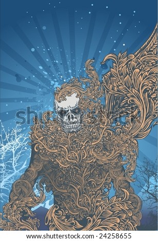 vector illustration of awakening skeleton warrior, and her body covered by highly detailed flourishes