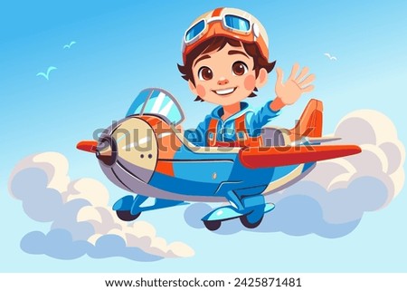 Cartoon kid pilot flying on toy airplane in sky with aviator goggles and happy smiling Royalty-Free Stock Photo #2425871481