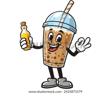 Bubble tea with a bottle of flavoring and okay hand pose cartoon mascot illustration character vector clip art hand drawn