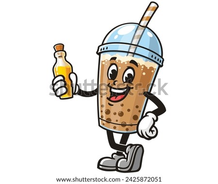 Bubble tea with a bottle of flavoring cartoon mascot illustration character vector clip art hand drawn