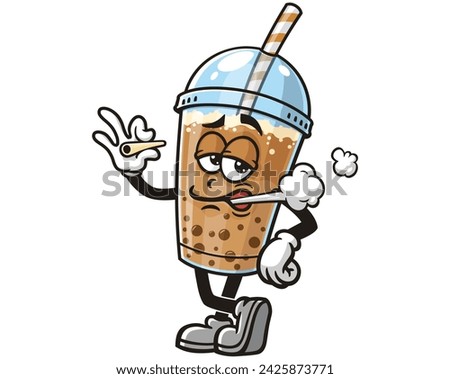 smoking Bubble tea cartoon mascot illustration character vector clip art hand drawn