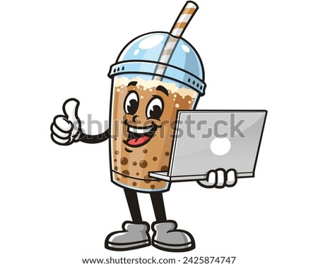 Bubble tea with laptop cartoon mascot illustration character vector clip art hand drawn