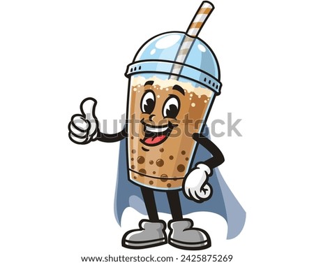Bubble tea with caped superhero style cartoon mascot illustration character vector clip art hand drawn