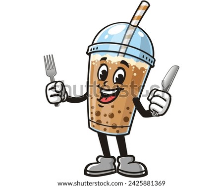 Bubble tea with fork and knife cartoon mascot illustration character vector clip art hand drawn